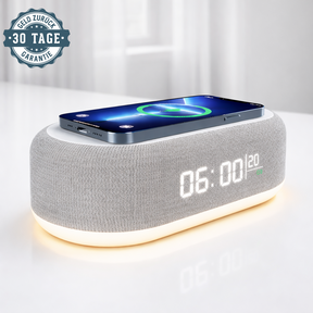 Wireless Charger mit Wecker Nachtlicht Thermometer 4-in-1 Qi Ladestation auf Nachttisch