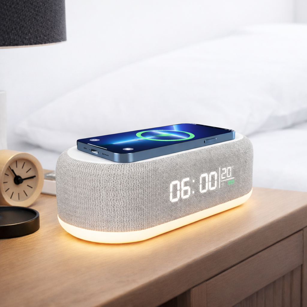Qi Wireless Charging Pad mit digitalem Wecker und Temperaturanzeige Vorderansicht