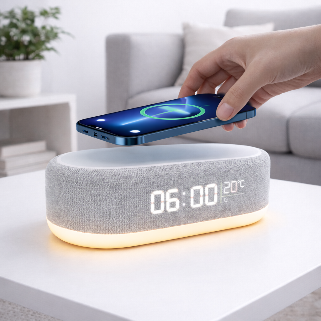 4-in-1 Ladestation fürs Schlafzimmer – Wireless Charger Wecker Thermometer Nachtlicht Detail